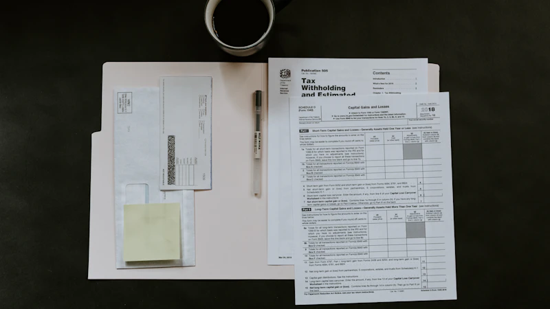 Tax forms, a pen, and a coffee mug arranged on a dark wooden desk