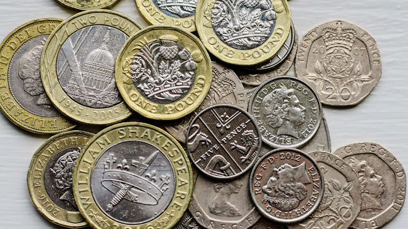 A pile of British coins sitting on top of a table