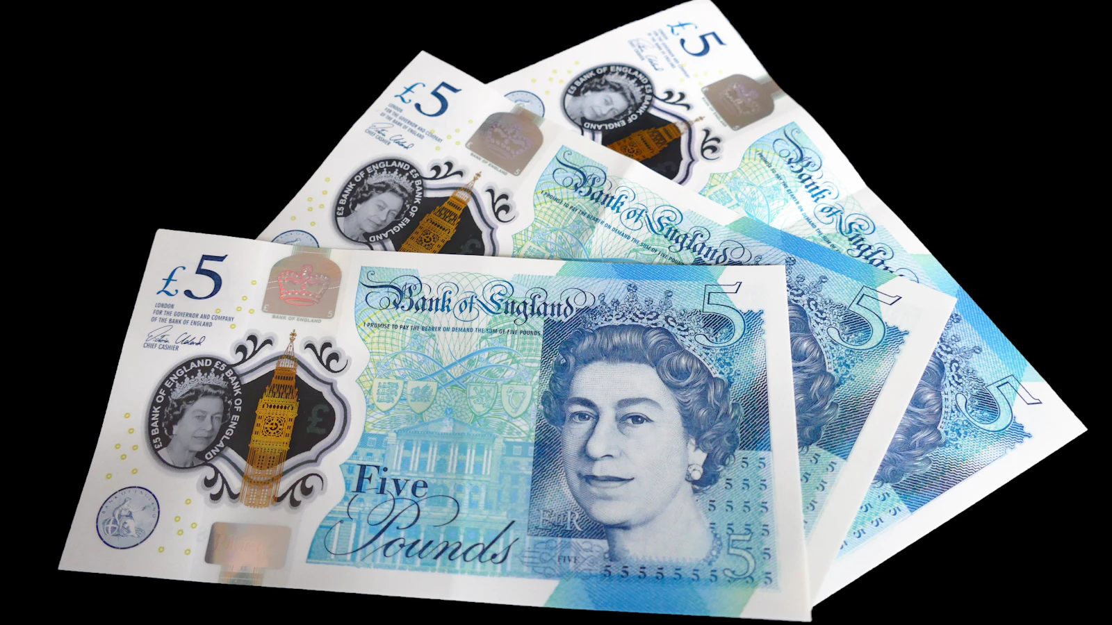 A pile of five different British pound notes