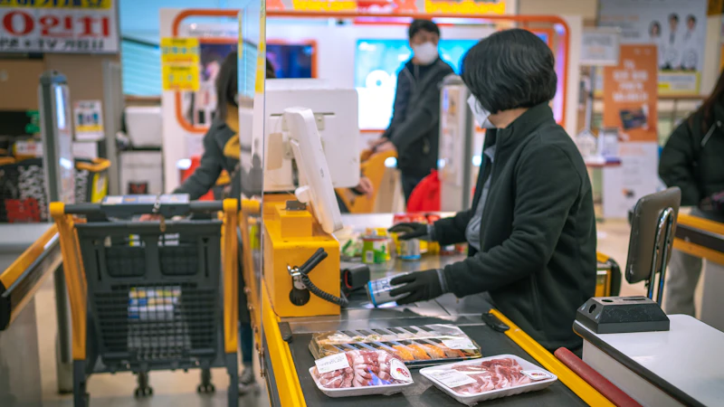 A woman working at a cash register in a shop