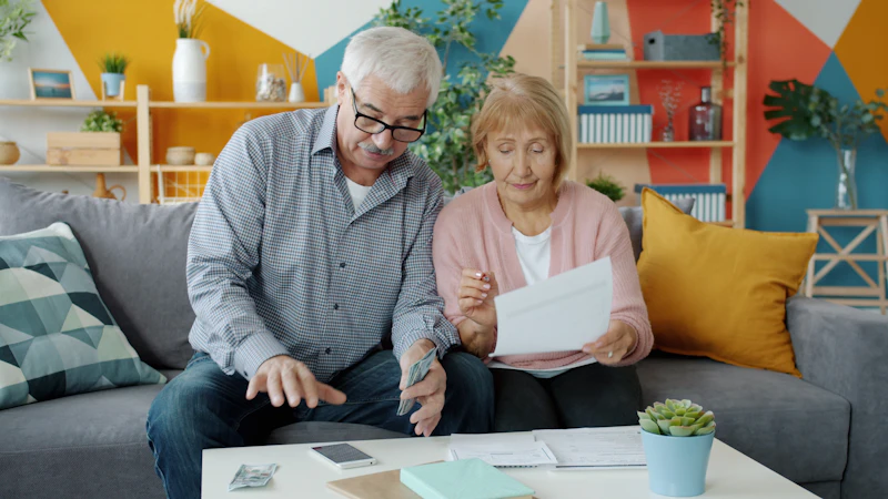 An elderly couple reviewing documents at home